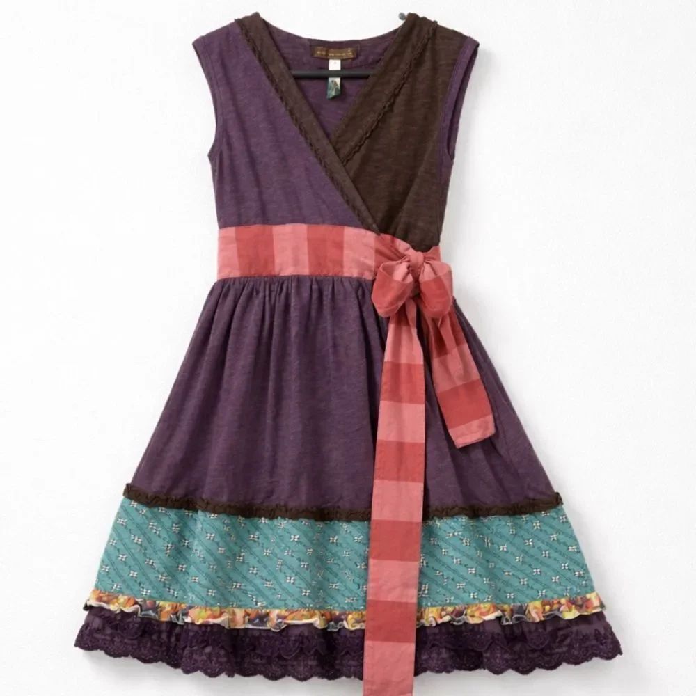 Matilda Jane purple and brown knit wrap top ruffle layer hem dress size 4